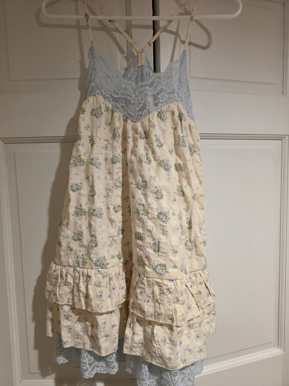 Light Blue Lace & Cream Floral Babydoll Dress